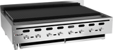 A large Vulcan charbroiler with six control knobs and a grated grilling surface. This sleek, boxy countertop charbroiler features ventilation holes along the front and displays the Vulcan name on the left side.