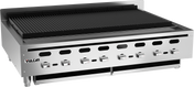 A large Vulcan charbroiler with six control knobs and a grated grilling surface. This sleek, boxy countertop charbroiler features ventilation holes along the front and displays the Vulcan name on the left side.