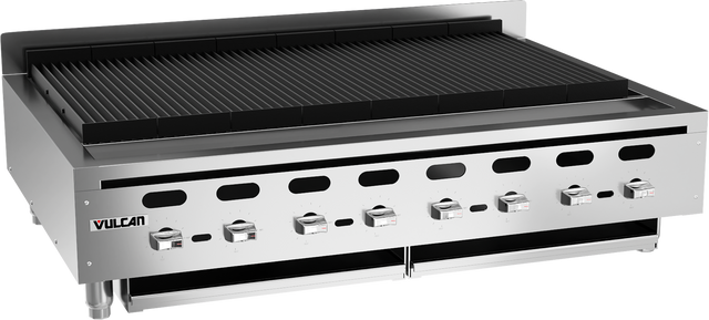 A large Vulcan charbroiler with six control knobs and a grated grilling surface. This sleek, boxy countertop charbroiler features ventilation holes along the front and displays the Vulcan name on the left side.