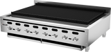 A commercial Vulcan charbroiler, this stainless steel countertop charbroiler features six control knobs, ventilation slots, and a large black grill grate. It has a reflective finish, four short legs, and the Vulcan label on the front.