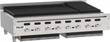A commercial Vulcan charbroiler with six control knobs, a flat back, black cooking grates, and two removable grease trays beneath the grilling area—perfect as a countertop charbroiler for busy kitchens.