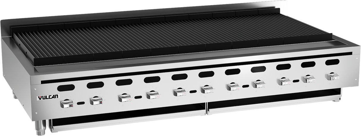 A large stainless steel Vulcan charbroiler with nine control knobs, black grill grates, and the Vulcan logo on the lower left corner. This countertop charbroiler is designed for high-capacity commercial cooking.