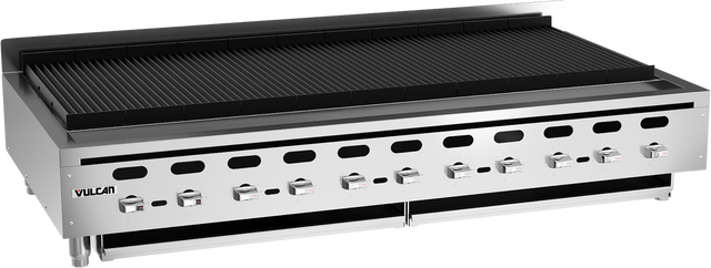 A large stainless steel countertop charbroiler with multiple black control knobs and vents on the front panel. The grilling surface has raised ridges and durable cast iron burners, with the Vulcan logo on the left corner.