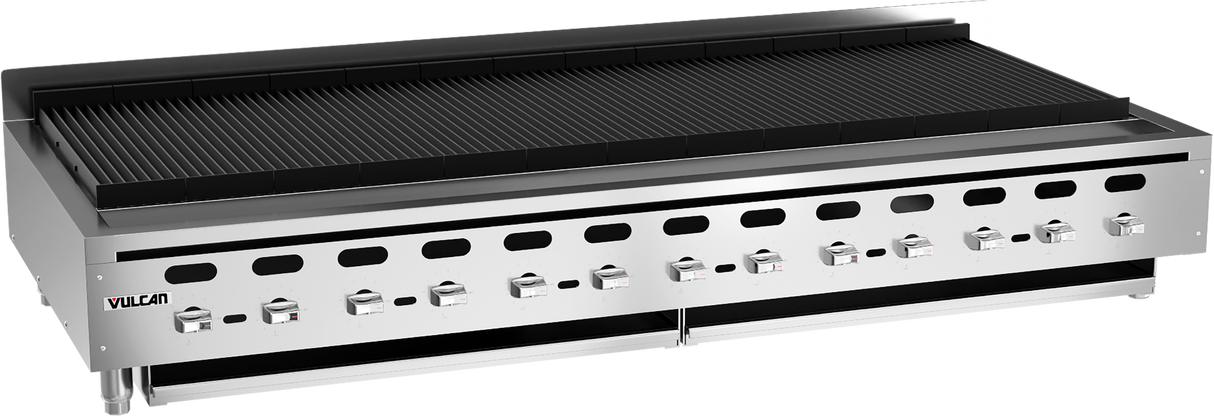 A large commercial stainless steel Vulcan countertop charbroiler with multiple control knobs, black grilling grates, and a vented backsplash. This high-capacity unit sits on short legs, perfect for busy kitchens demanding performance.