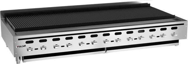 A large commercial stainless steel Vulcan countertop charbroiler with multiple control knobs, black grilling grates, and a vented backsplash. This high-capacity unit sits on short legs, perfect for busy kitchens demanding performance.