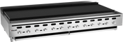 A large, commercial Vulcan charbroiler features ten control knobs, a flat front panel, and a wide, ribbed grilling surface. Made of stainless steel, this countertop charbroiler is designed for heavy-duty kitchen use.