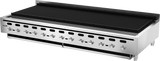 A large commercial Vulcan charbroiler with multiple control knobs, a wide black grilling surface, vent slots, and sturdy legs—designed for high-capacity cooking in professional kitchens. The Vulcan brand is visible on the left side.