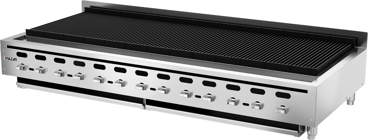 A large commercial stainless steel Vulcan charbroiler with ten control knobs, black grilling grates, and a raised back panel. This modern unit stands on short legs and is ideal for heavy-duty kitchen or restaurant countertop use.