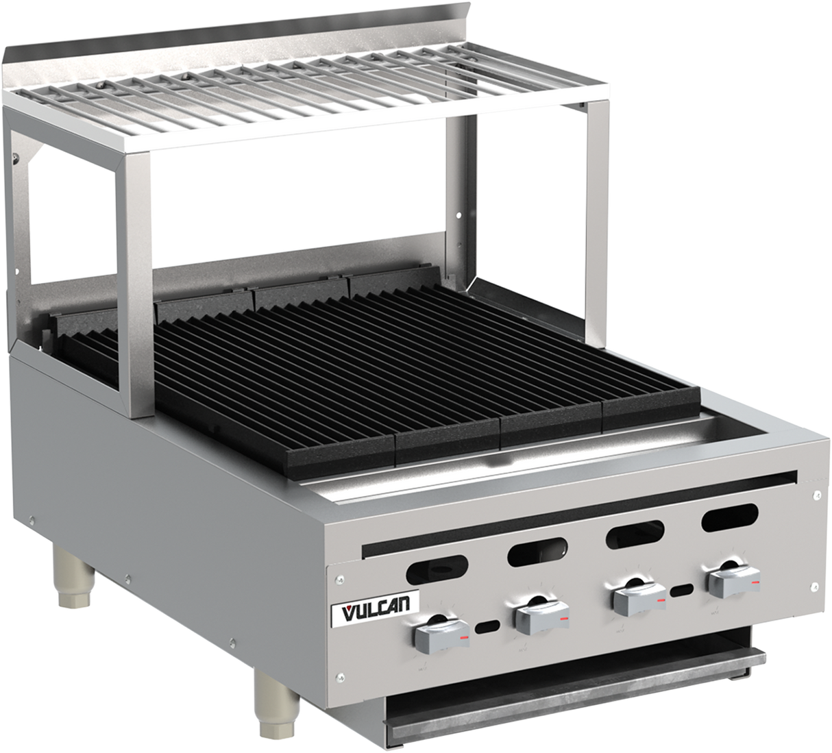 A commercial stainless steel Vulcan charbroiler featuring four control knobs, black grill grates, raised backsplash, and a removable wire rack as an overshelf. The unit displays the Vulcan logo on the front and stands on four sturdy legs.