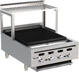 A commercial stainless steel Vulcan charbroiler featuring four control knobs, black grill grates, raised backsplash, and a removable wire rack as an overshelf. The unit displays the Vulcan logo on the front and stands on four sturdy legs.