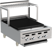 A commercial stainless steel Vulcan charbroiler featuring four control knobs, black grill grates, raised backsplash, and a removable wire rack as an overshelf. The unit displays the Vulcan logo on the front and stands on four sturdy legs.