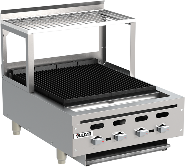 A commercial stainless steel Vulcan charbroiler featuring four control knobs, black grill grates, raised backsplash, and a removable wire rack as an overshelf. The unit displays the Vulcan logo on the front and stands on four sturdy legs.
