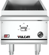 A stainless steel Vulcan VTEC14 gas countertop charbroiler with two sturdy legs, a front-facing control knob, temperature dial with min, max, and off settings, and the Vulcan logo below the dial. The griddle surface is empty.