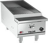 A stainless steel Vulcan VTEC14 gas countertop charbroiler with metal grill grates, control knob, and the brand name Vulcan on the front. This appliance features a sturdy, industrial design and stands on four short legs.