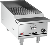 A stainless steel Vulcan VTEC14 gas countertop charbroiler with metal grill grates, control knob, and the brand name Vulcan on the front. This appliance features a sturdy, industrial design and stands on four short legs.