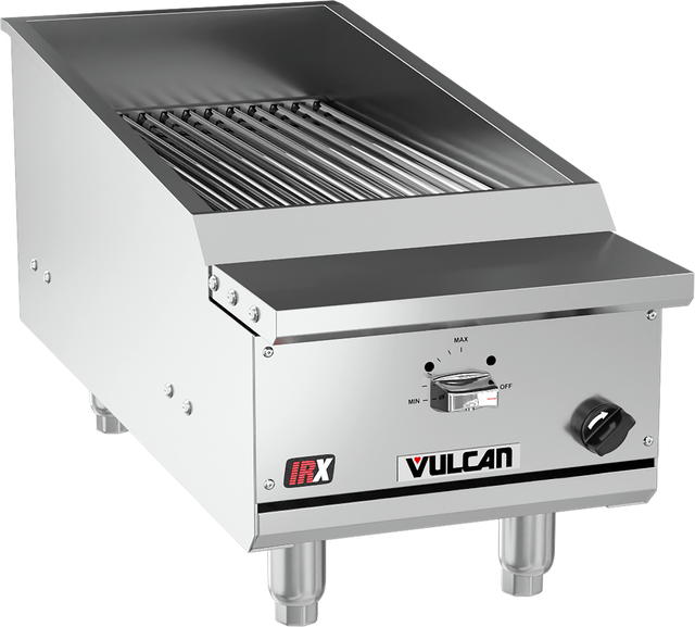 A stainless steel Vulcan VTEC14 gas countertop charbroiler with metal grill grates, control knob, and the brand name Vulcan on the front. This appliance features a sturdy, industrial design and stands on four short legs.