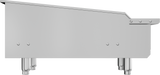 Side view of a Vulcan VTEC14 gas countertop charbroiler with four cylindrical legs, an angled upper section, and visible screws. The smooth, reflective stainless steel surface highlights its industrial design against a plain, light background.