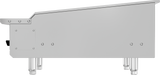A side view of a stainless steel gas countertop charbroiler with a slanted top, four short cylindrical metal legs, visible screws, and a small rectangular panel on the left side. The background is plain light gray.
