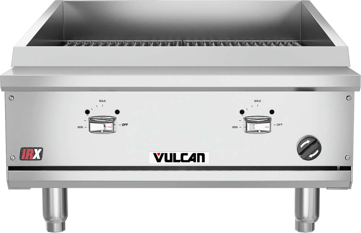 A stainless steel Vulcan VTEC25_LP gas countertop charbroiler features two control knobs with temperature settings, a black and red Vulcan brand name on the front, sturdy metal legs, and a durable cooking grate on top.