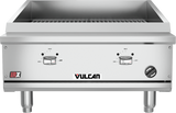 A stainless steel Vulcan VTEC25_LP gas countertop charbroiler features two control knobs with temperature settings, a black and red Vulcan brand name on the front, sturdy metal legs, and a durable cooking grate on top.