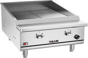 A commercial stainless steel gas countertop charbroiler with raised grill grates, two control knobs, and the Vulcan VTEC25 logo on the front panel. This infrared charbroiler features short legs and a simple, professional design for restaurant kitchens.