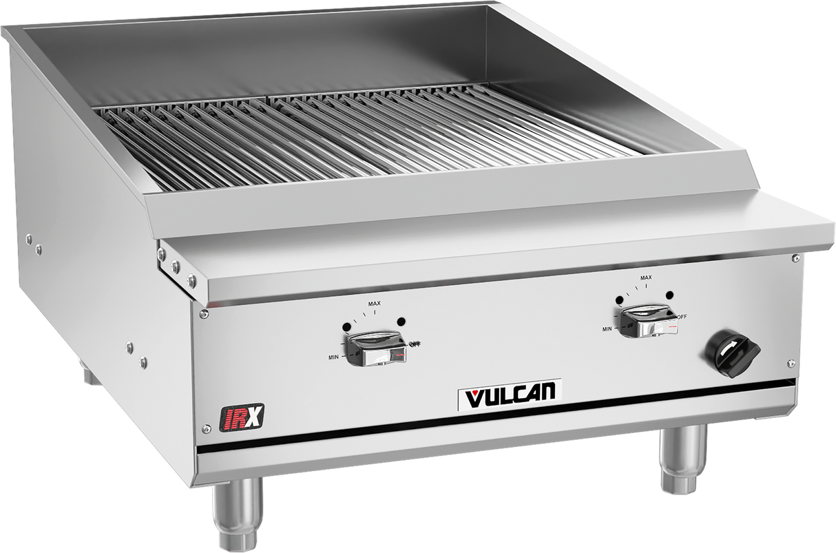 A commercial stainless steel Vulcan VTEC25_LP infrared charbroiler with metal grates, two control knobs, and sturdy legs. The front panel displays the Vulcan logo, temperature markings, and an IRX badge—ideal for heavy-duty grilling in pro kitchens.