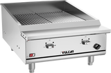 A commercial stainless steel Vulcan VTEC25_LP infrared charbroiler with metal grates, two control knobs, and sturdy legs. The front panel displays the Vulcan logo, temperature markings, and an IRX badge—ideal for heavy-duty grilling in pro kitchens.