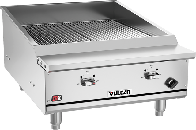 A commercial stainless steel Vulcan VTEC25_LP infrared charbroiler with metal grates, two control knobs, and sturdy legs. The front panel displays the Vulcan logo, temperature markings, and an IRX badge—ideal for heavy-duty grilling in pro kitchens.