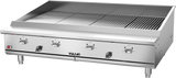 A large commercial gas countertop charbroiler with three front control knobs labeled Vulcan. The top features wide stainless steel cooking grids, and the unit rests on four short cylindrical legs. Its design is sleek and industrial.