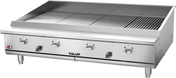 A large commercial gas countertop charbroiler with three front control knobs labeled Vulcan. The top features wide stainless steel cooking grids, and the unit rests on four short cylindrical legs. Its design is sleek and industrial.