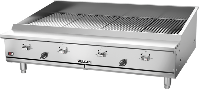 A large commercial gas countertop charbroiler with three front control knobs labeled Vulcan. The top features wide stainless steel cooking grids, and the unit rests on four short cylindrical legs. Its design is sleek and industrial.