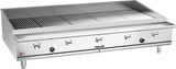 A large commercial stainless steel gas countertop charbroiler with four control knobs, sturdy legs, and a wide cooking grate. The Vulcan VTEC60 name is displayed on the front panel, featuring a simple, industrial design for heavy-duty use.