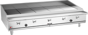 A large commercial stainless steel gas grill with four control knobs in front, labeled “Vulcan.” The grill, similar to the Vulcan VTEC60 infrared charbroiler, features a wide grate and raised sides for heat containment, set on sturdy metal legs with a sleek industrial design.
