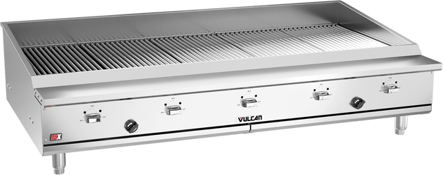 A large commercial stainless steel gas grill with four control knobs in front, labeled “Vulcan.” The grill, similar to the Vulcan VTEC60 infrared charbroiler, features a wide grate and raised sides for heat containment, set on sturdy metal legs with a sleek industrial design.