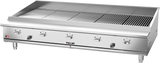 A large, stainless steel Vulcan VTEC60 gas countertop charbroiler with four control knobs, sturdy legs, and wide grilling grates. The front panel is labeled “Vulcan,” and the clean surface is built for heavy-duty cooking in professional kitchens.
