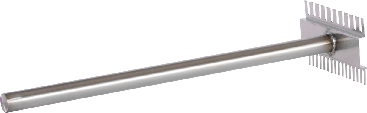 A stainless steel scraper with a cylindrical handle and a rectangular head, designed for VTEC Charbroiler maintenance. The head features two rows of evenly spaced, thin, flat prongs on opposite edges, resembling a large metal comb or rake.