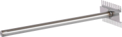 A stainless steel scraper with a cylindrical handle and a rectangular head, designed for VTEC Charbroiler maintenance. The head features two rows of evenly spaced, thin, flat prongs on opposite edges, resembling a large metal comb or rake.