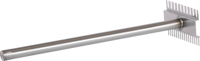 A stainless steel scraper with a cylindrical handle and a rectangular head, designed for VTEC Charbroiler maintenance. The head features two rows of evenly spaced, thin, flat prongs on opposite edges, resembling a large metal comb or rake.