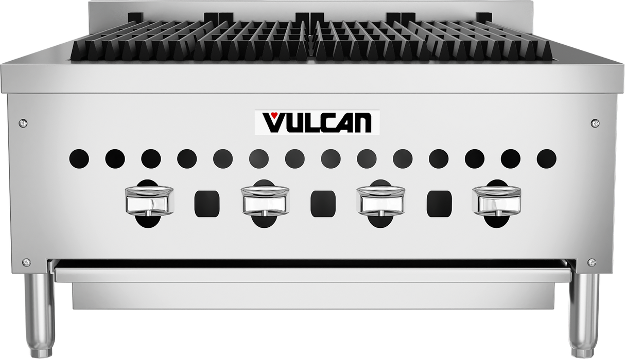 A stainless steel Vulcan gas countertop range with four control knobs, black grates on top, ventilation holes along the front, and sturdy metal legs. The Vulcan logo is centered above the knobs—perfect for charbroiler-style cooking.