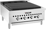 A commercial Vulcan gas countertop charbroiler with four control knobs, sturdy legs, and a vented front panel. The grill features heavy-duty cast iron grates, and the Vulcan logo is visible on the front center.
