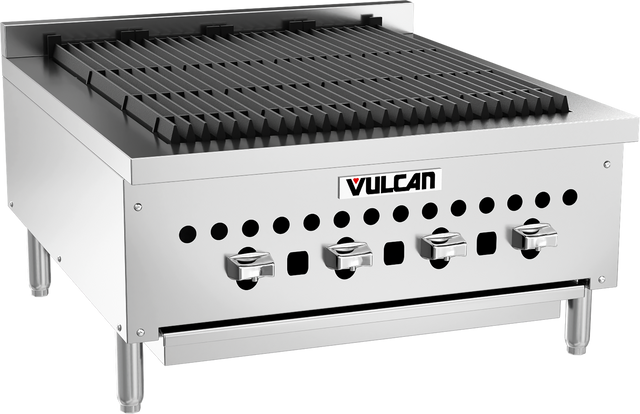 A commercial Vulcan gas countertop charbroiler with four control knobs, sturdy legs, and a vented front panel. The grill features heavy-duty cast iron grates, and the Vulcan logo is visible on the front center.