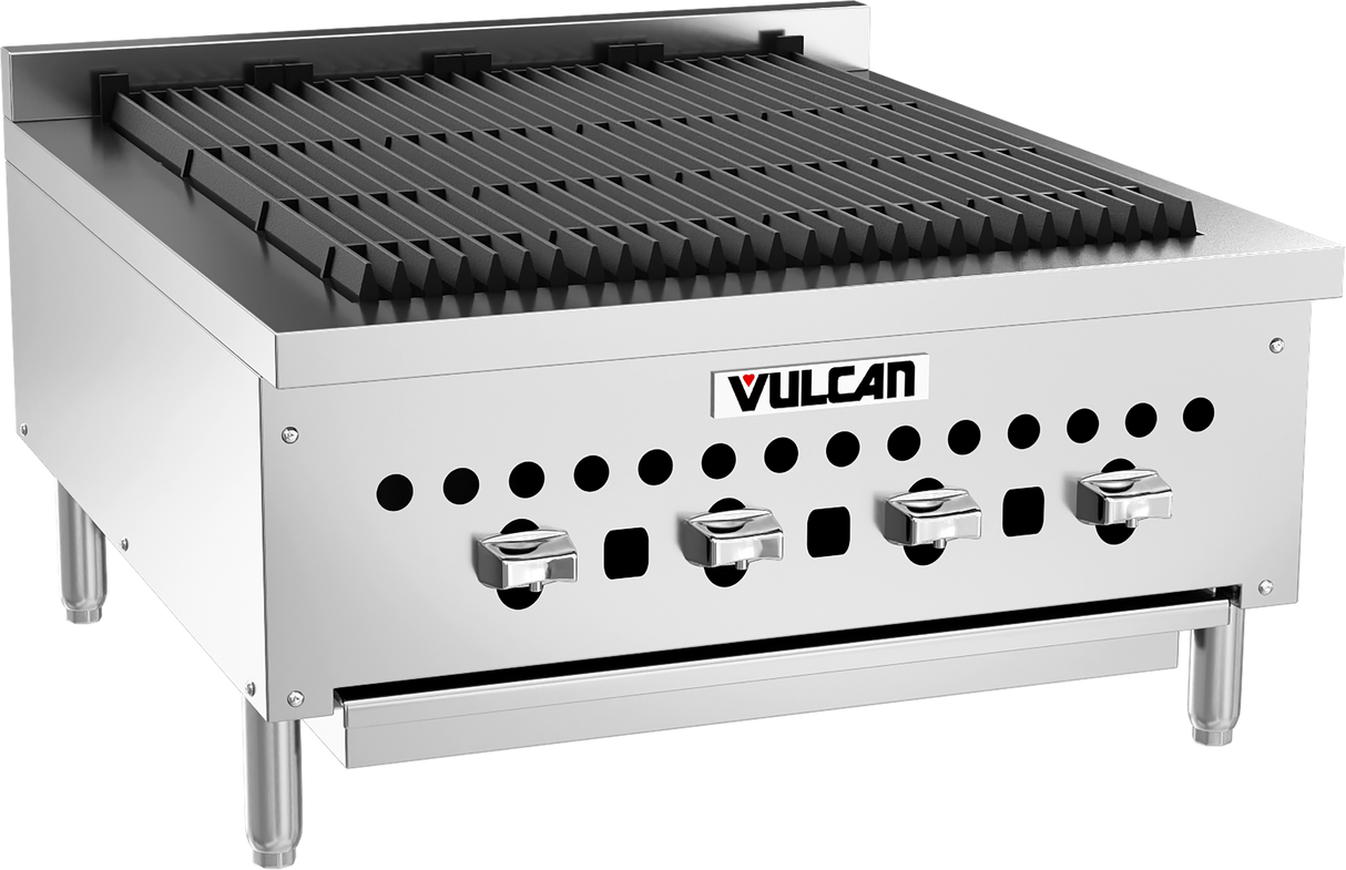 A stainless steel Vulcan gas countertop charbroiler features four control knobs, durable cast iron burners, a black grated cooking surface, and short legs. The Vulcan logo is on the front panel with ventilation holes above the knobs.