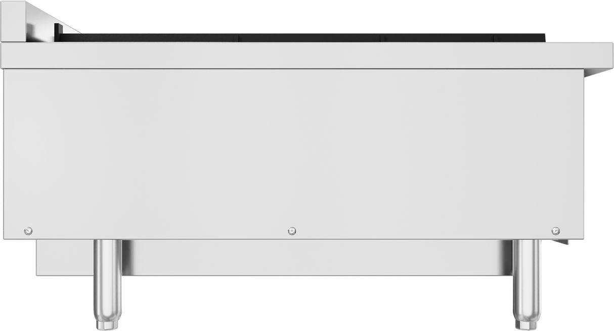 A stainless steel commercial kitchen appliance photographed from the front, showing a flat, featureless panel with three visible screws and four sturdy legs. The top edge reveals black cast iron burners, ideal for a gas countertop charbroiler setup.