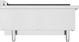 A stainless steel commercial kitchen appliance photographed from the front, showing a flat, featureless panel with three visible screws and four sturdy legs. The top edge reveals black cast iron burners, ideal for a gas countertop charbroiler setup.