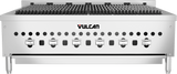 A commercial stainless steel Vulcan VCCB36 gas charbroiler with six control knobs, heavy-duty grates, ventilation holes across the front, and sturdy legs, designed for restaurant or industrial kitchen countertop use.