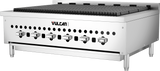 A 36 inch gas countertop Vulcan charbroiler with six control knobs, a grated cooking surface, vent holes above the knobs, and four sturdy legs, designed for professional kitchen grilling.