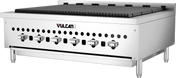 A 36 inch gas countertop Vulcan charbroiler with six control knobs, a grated cooking surface, vent holes above the knobs, and four sturdy legs, designed for professional kitchen grilling.