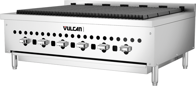 A 36 inch gas countertop Vulcan charbroiler with six control knobs, a grated cooking surface, vent holes above the knobs, and four sturdy legs, designed for professional kitchen grilling.