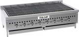 A large, stainless steel gas countertop charbroiler with six control knobs, a wide grilling surface with cast iron burners, and ventilation holes along the front. The “Vulcan” brand name is centered on the front panel. The unit stands on short legs.