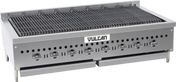 A large, stainless steel gas countertop charbroiler with six control knobs, a wide grilling surface with cast iron burners, and ventilation holes along the front. The “Vulcan” brand name is centered on the front panel. The unit stands on short legs.